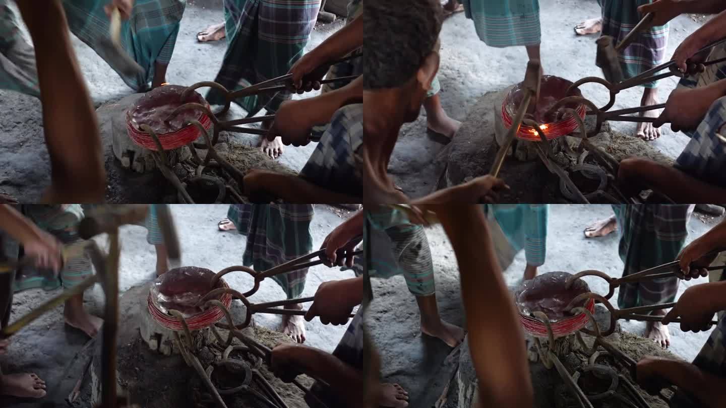 在一个农村工厂里，人们用大锤子敲打热铜锭来制造家用电器。