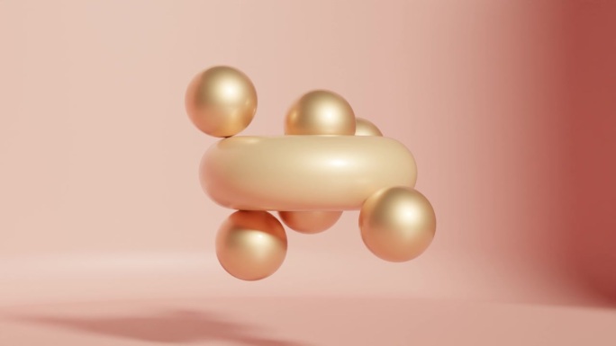 动态几何轨道:粉红色背景上围绕桃色环面旋转的闪烁球体的抽象3D动画