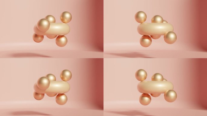 动态几何轨道:粉红色背景上围绕桃色环面旋转的闪烁球体的抽象3D动画