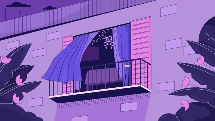 摇曳的窗帘在舒适的阳台线卡通动画