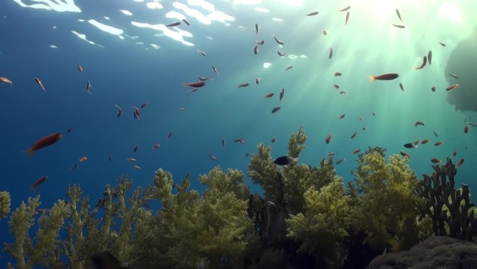 一群充满活力的鱼在水下珊瑚群中穿梭。