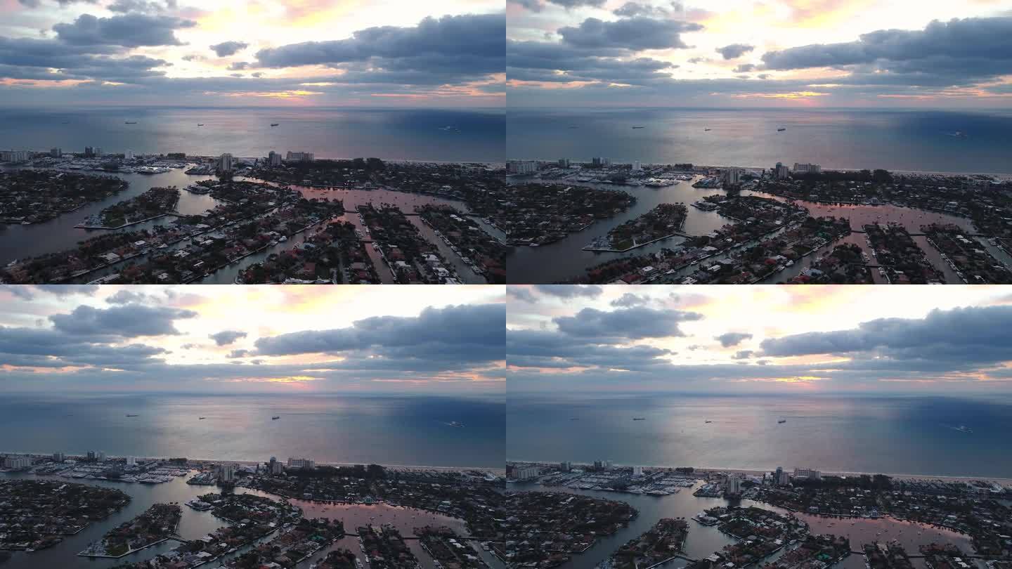 日出时，无人机拍摄的大西洋和佛罗里达州劳德代尔堡的海岸线。