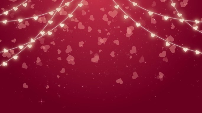 爱心花环与闪耀粒子在红色的背景。情人节或婚礼的概念。循环运动图形。