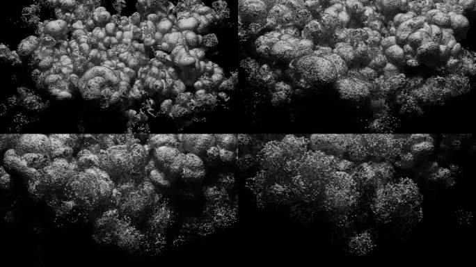 三维渲染抽象的单色黑白艺术视频动画，超现实的爆炸烟雾燃料结构，基于小球分子，球体颗粒和半透明的塑料组