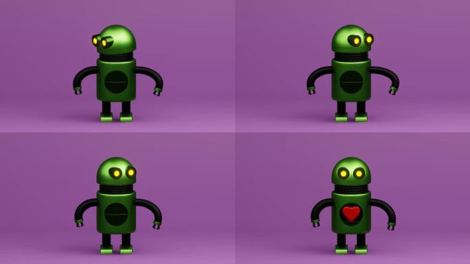 机器人情人节与红色明亮的心。机器人与爱心美丽的3d渲染轻松合成到您自己的场景。机器人有黄色的眼睛和红