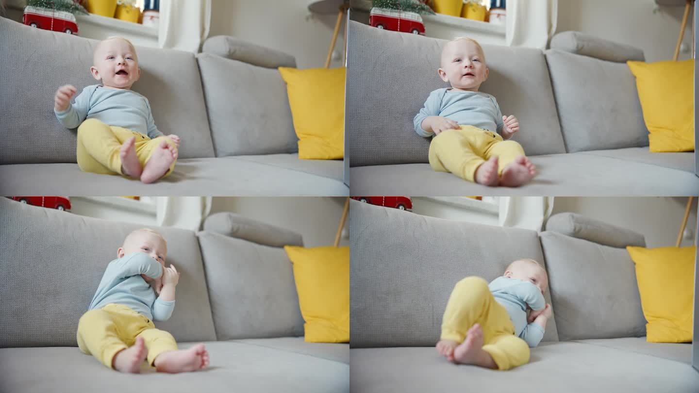 可爱的幼儿在沙发上的游戏时间冒险