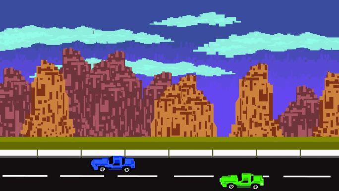 动画山经过在街上的像素美术风格与两辆车，游戏。