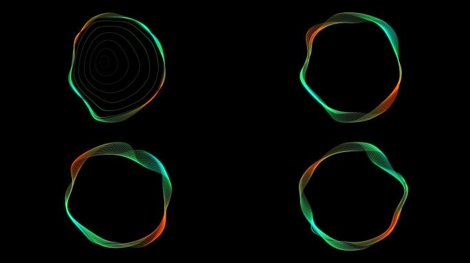 抽象的渐变运动视频，带有漩涡效果的彩色圆圈，标志运动，黑色背景上的实体，网络设计，四色4K波浪设计。