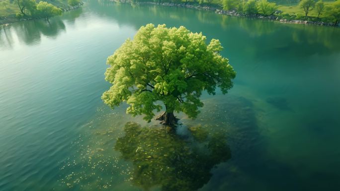 航拍湖面中心的一棵绿树