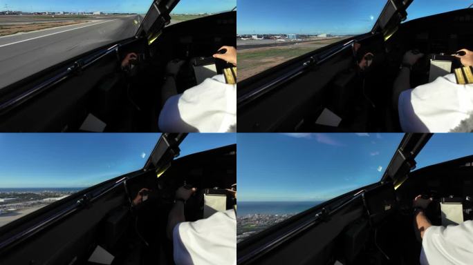 飞行员视角，沉浸式视角。实时起飞，看到机长驾驶的喷气机。日光，4K 60FPS。