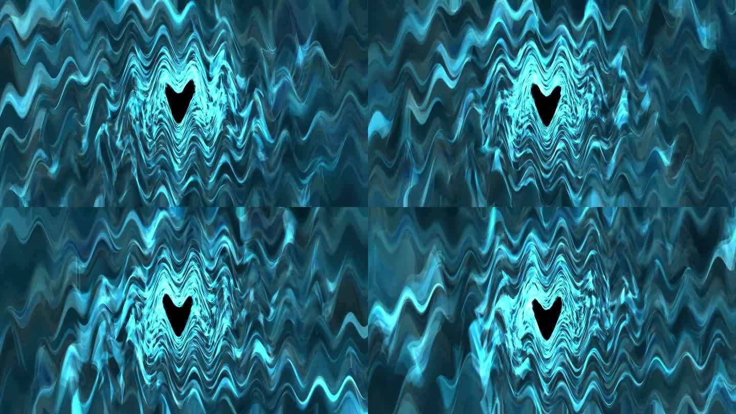 波状青瓷三维光波形成心形，黑色背景，抽象。