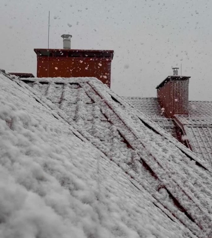 大片的雪花飘落——城市住宅楼的景色。冬天的场景。