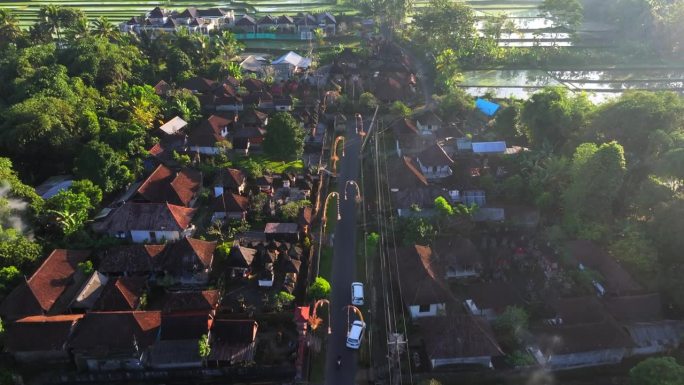 西巴都村，巴厘岛的吉安雅摄政。从无人机上看平面图，传统的住宅建筑群沿着笔直的道路建造