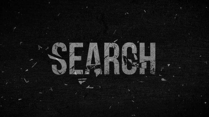 “SEARCH”字的3D插图设计，白色显示，在黑色背景上崩溃