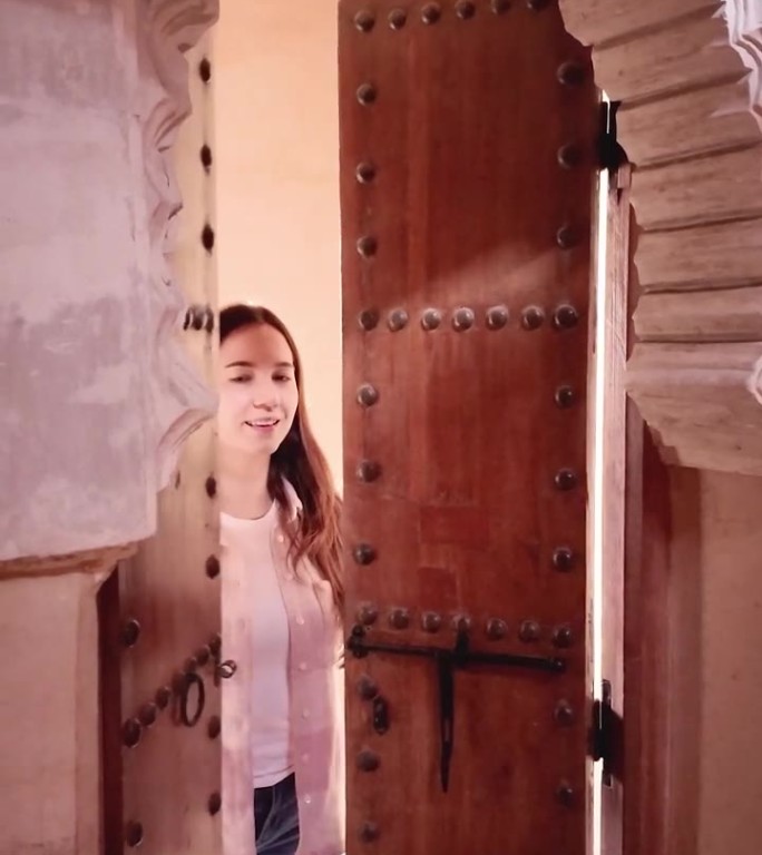 女游客打开手工制作的木门，微笑着穿过Al Attarine Madrasa的门。
