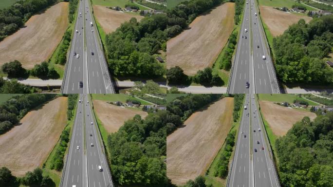 德国六车道高速公路的空中加速镜头