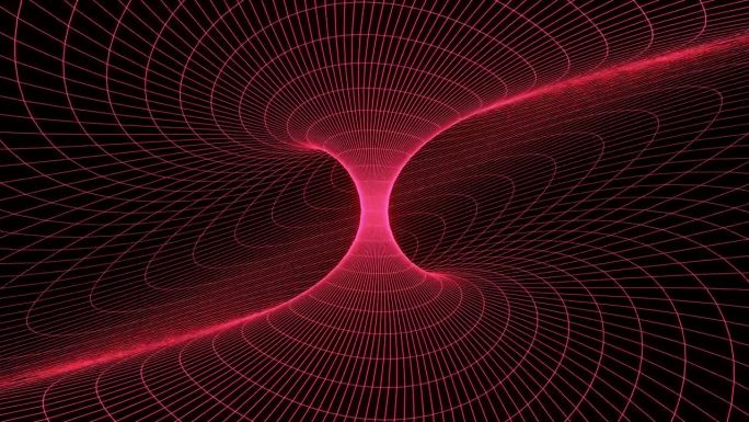 循环3d动画，视觉特效红色漩涡网格，科幻。抽象循环背景。技术，VJ概念。明亮的Led灯未来隧道。无缝