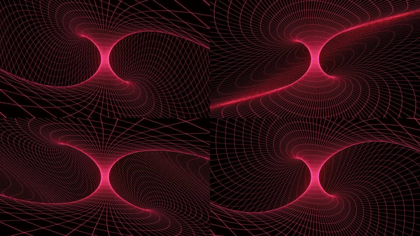 循环3d动画，视觉特效红色漩涡网格，科幻。抽象循环背景。技术，VJ概念。明亮的Led灯未来隧道。无缝