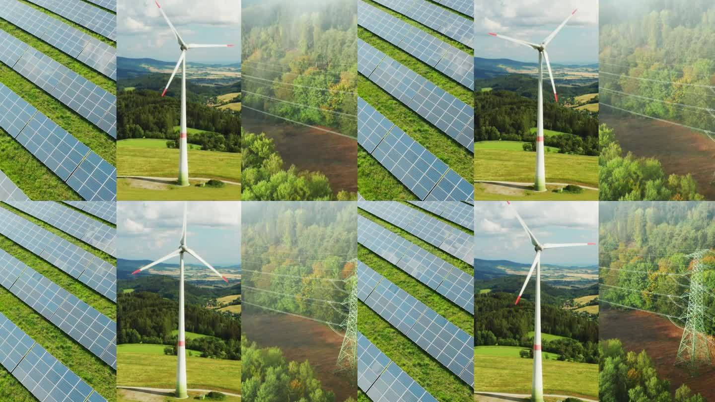 拼贴风力涡轮机、太阳能发电站、绿色能源输电线路