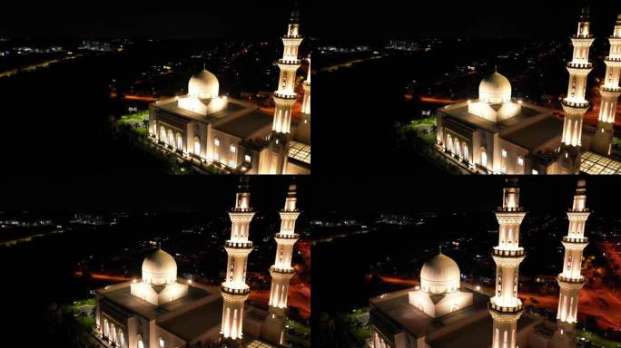 夜间航拍照片移动到清真寺的右边