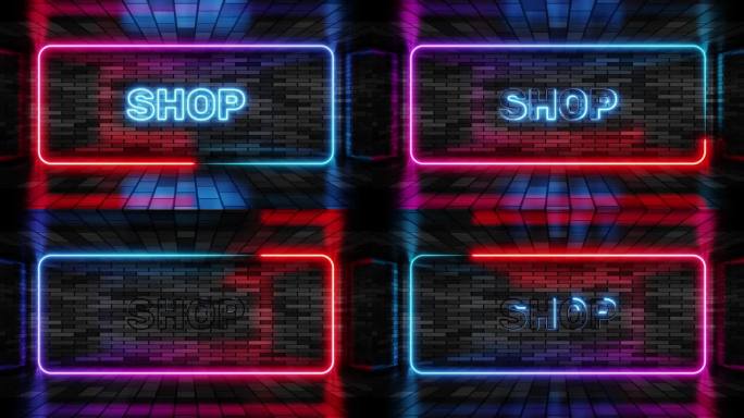 霓虹灯招牌店在砖墙背景上的语音气泡框架3d渲染。光横幅在墙上的背景。店铺循环打折营销，设计模板，夜间