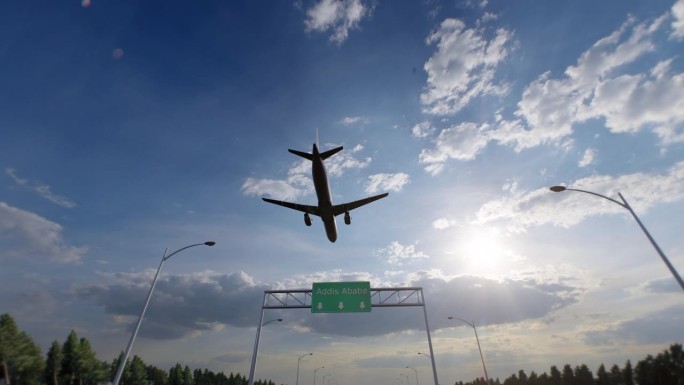 亚的斯亚贝巴城市道路标志-飞机抵达亚的斯亚贝巴机场前往埃塞俄比亚