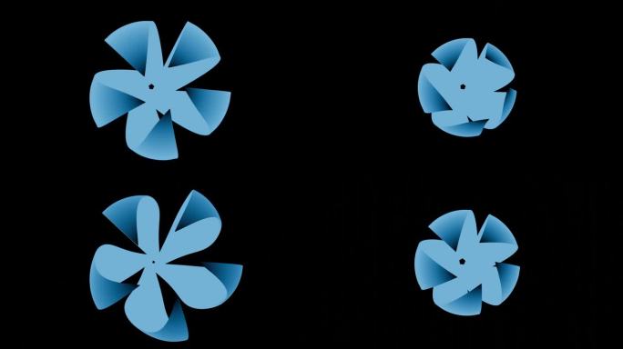 黑色背景上蓝色花朵的3D动画。特写，平躺。象征温泉莲花闪烁。输入输出循环