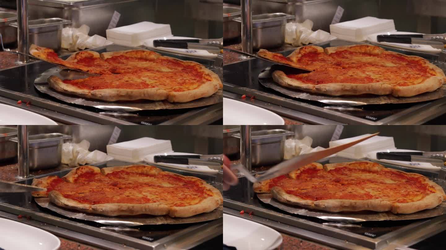 在MSC邮轮上吃新鲜出炉的披萨的特写镜头。