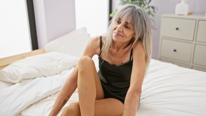 成熟的西班牙裔白头发女人坐在卧室里，看起来沉思而放松。