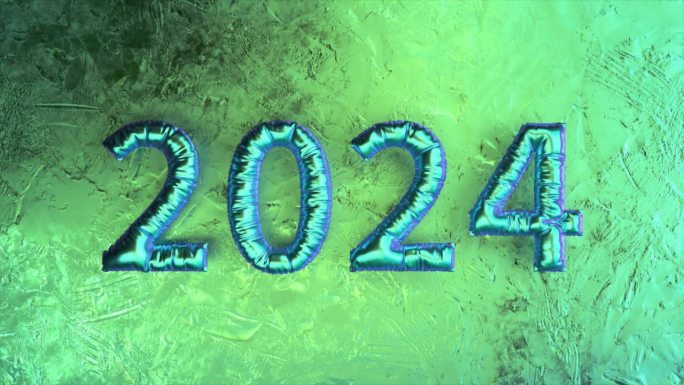彩虹蓝色2024气球人物纹理绿色背景，体现了未来的新年主题，3D动画。
