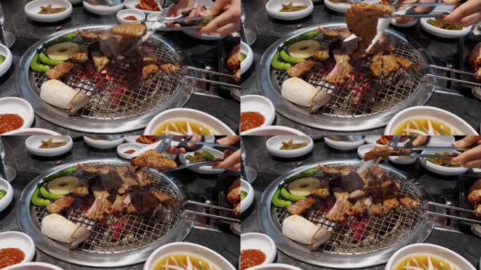 韩国烧烤卤汁排骨烤在木炭烤架