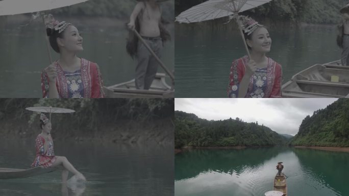 贵州铜仁万山少数民族侗族少女划船戏水
