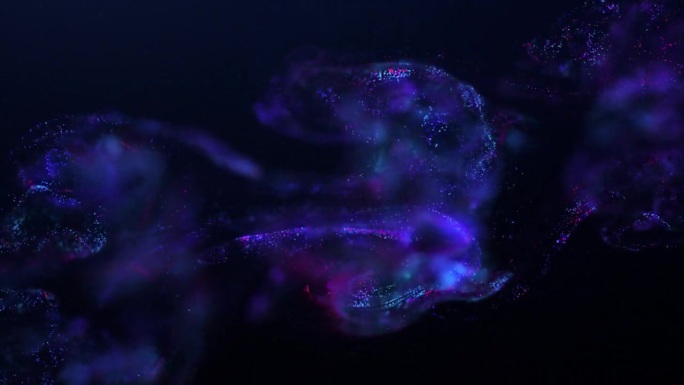 摘要爆炸的荧光液体彩虹蓝紫色发光能量魔波与模糊效果的液体水在黑色背景。分形粒子场的三维可视化。详细的