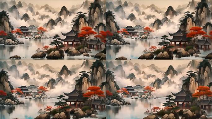 4K中国风水墨山水画背景素材