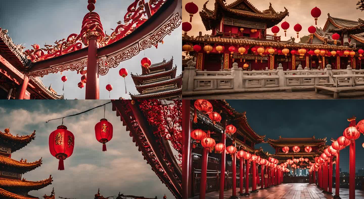 红色中国风建筑喜庆春节素材