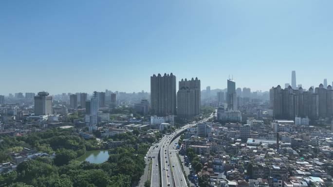 东莞可园路航拍可园南路道路交通建筑风光