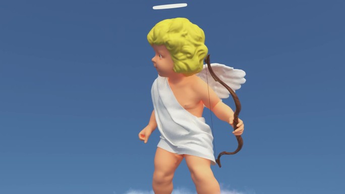 有趣的天使丘比特带着翅膀在蓝色背景的云上跳舞，并从弓上射出箭。3d爱情背景。情人节的概念。邀请参加婚