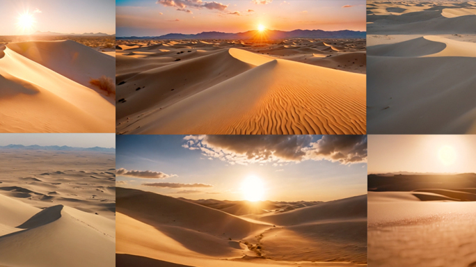 沙漠夕阳风光无人区黄昏戈壁沙丘片头合集
