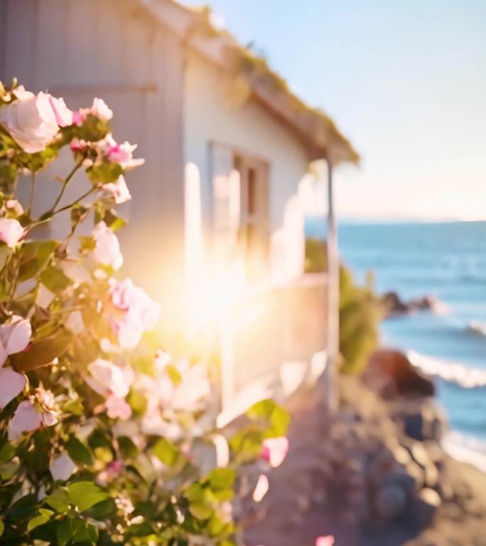 海边木屋玫瑰花园日落阳光海滩竖版