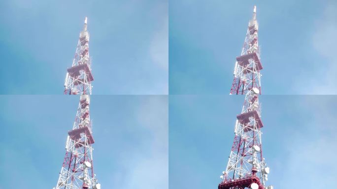 用于从卫星向电视、收音机或电话传输信号的电信塔，晨雾中具有5g卫星连接的高塔，广播和电视天线发射机