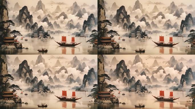 4K中国风水墨山水意境背景素材