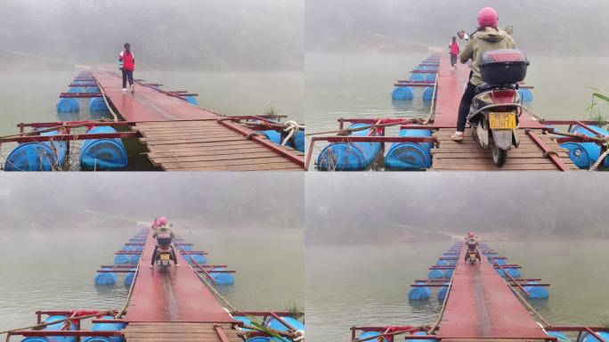 河面晨雾浮桥村民骑摩托车过桥跨河过桥赶集