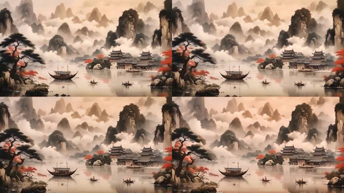 4K中国风水墨山水画背景素材