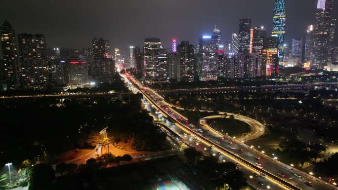 广州大桥夜景航拍车流交通广州大道夜晚车水