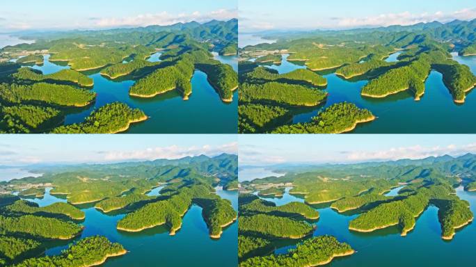 航拍杭州绿林青山湖泊自然景观。
