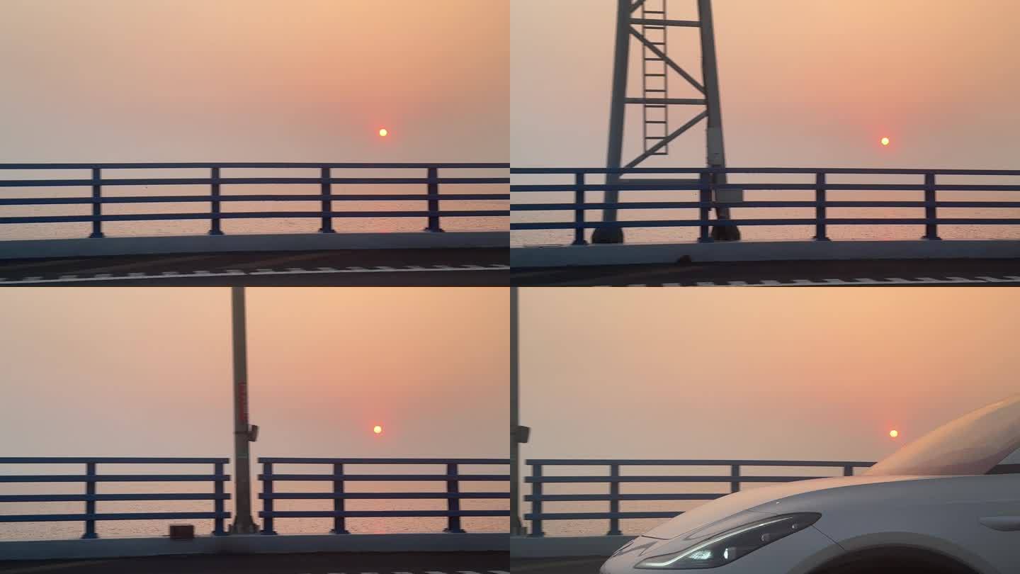 跨海大桥 粉色落日 移动镜头 快速移动