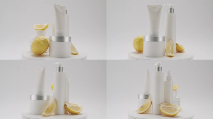 装有柠檬水果的罐子在白色背景上旋转进行美容治疗。