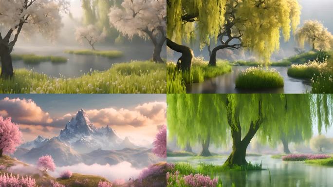 春暖花开柳树河流雾气蒙蒙3D卡通动画