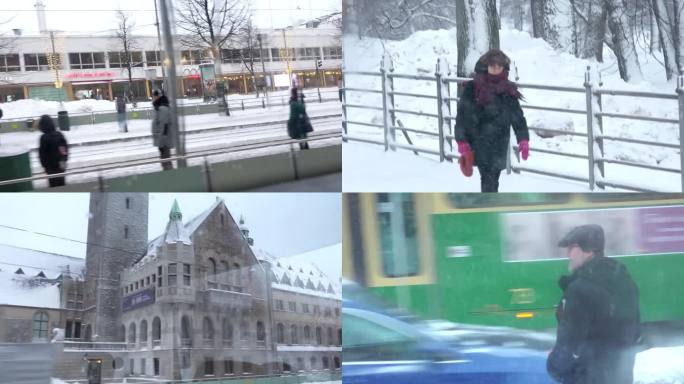 汽车窗外风景北欧芬兰冬天冬季雪后城市街景