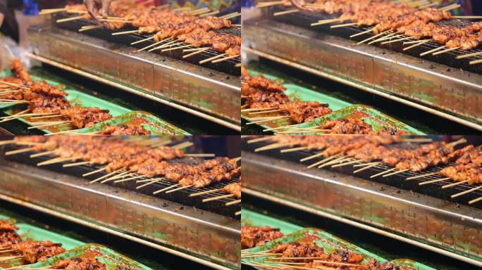 烤鹌鹑在泰国曼谷yaowarat夜市唐人街异国街头小吃